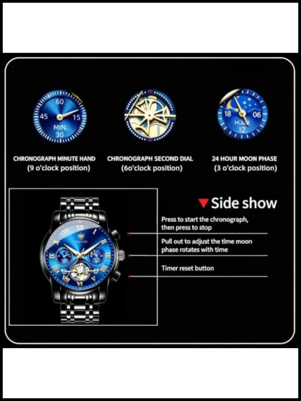 Mens Chronograph Watch Stainless Steel Business Dress Quartz
